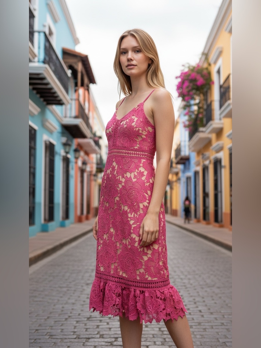 Gianni Bini Fuscia Hot Pink Lace Midi Dress Sz XS